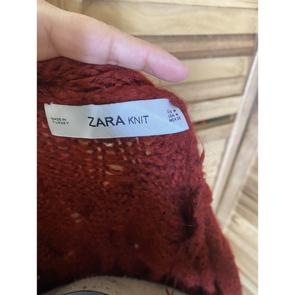 Zara Duster Cardigan Sweater Burgundy Size M Cable Knit Open Front Wool Mohair - Picture 4 of 7